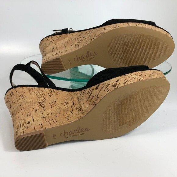 Charles by Charles David Lambert Wedge Black Sandals Cork Ankle Strap - Picture 8 of 8